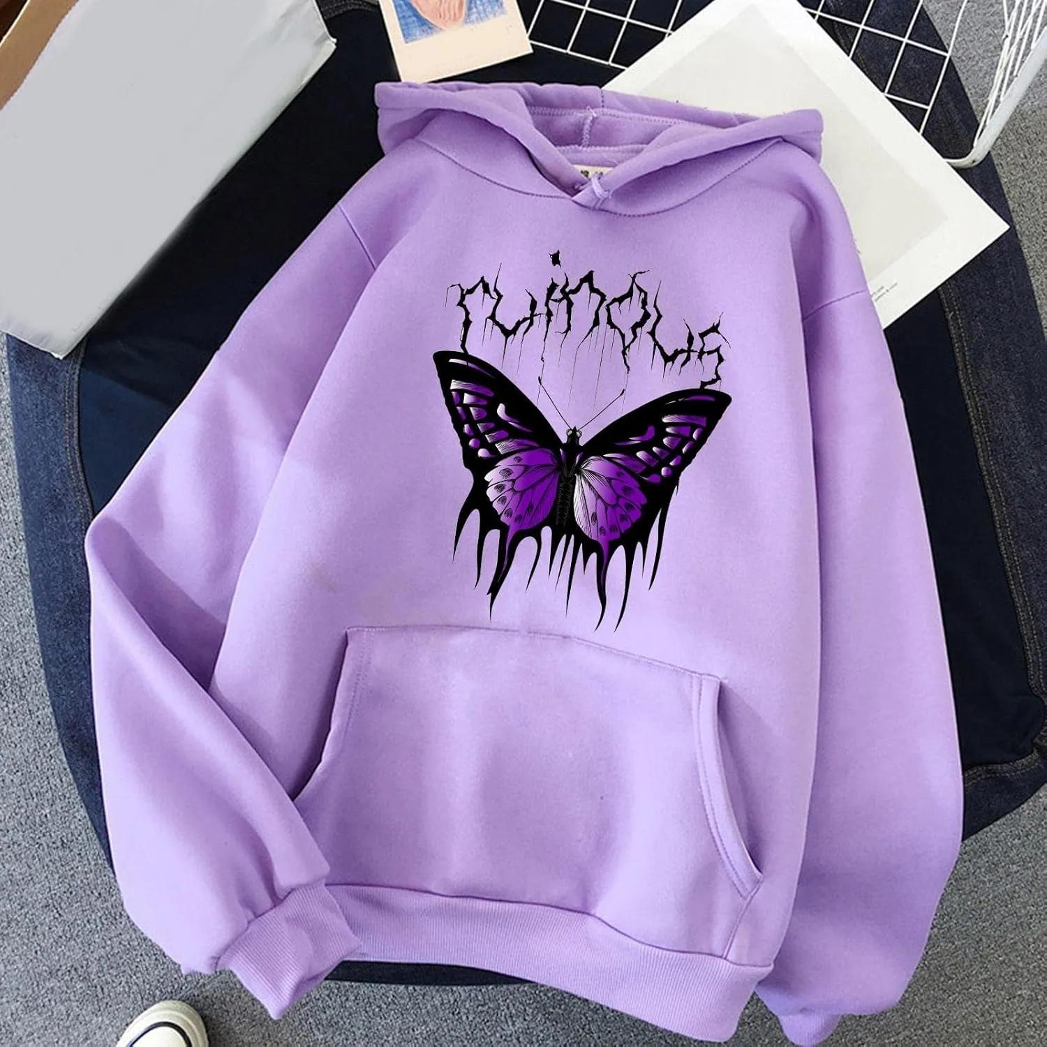 Oversized Sweatshirt For Womens Graphic Butterfly Print Fall Casual Hoodie Drawstring Sweatshirt Pullover With Pockets
