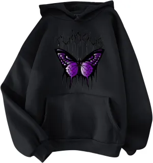 Oversized Sweatshirt For Womens Graphic Butterfly Print Fall Casual Hoodie Drawstring Sweatshirt Pullover With Pockets