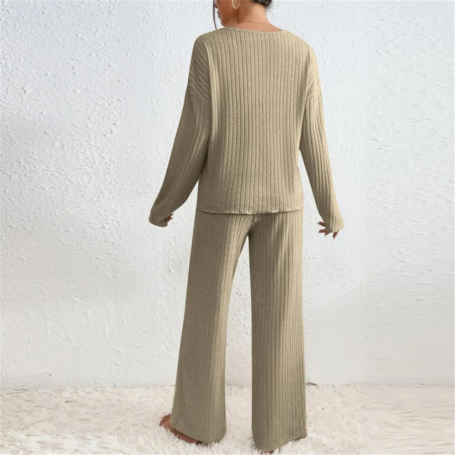 Pajama Sets for Women 2 Piece Outfits Rib Knit Sweater Long Sleeve Lounge Sets V Neck Pajamas Set Comfy Top and Pant