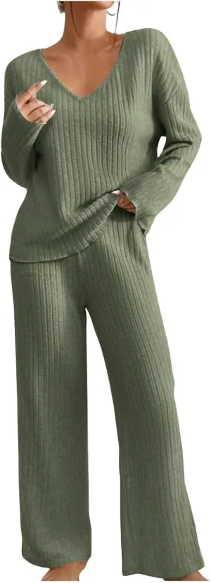 Pajama Sets for Women 2 Piece Outfits Rib Knit Sweater Long Sleeve Lounge Sets V Neck Pajamas Set Comfy Top and Pant