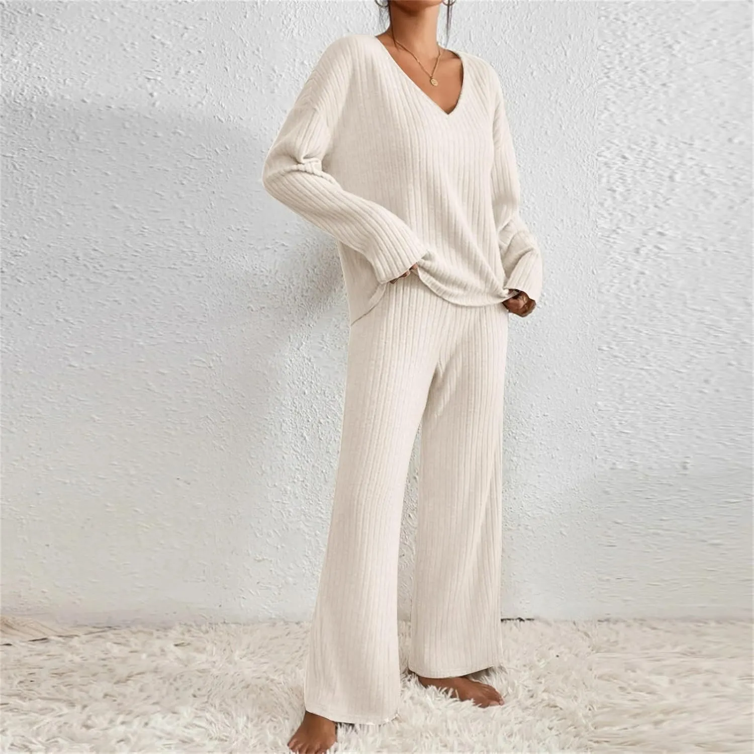 Pajama Sets for Women 2 Piece Outfits Rib Knit Sweater Long Sleeve Lounge Sets V Neck Pajamas Set Comfy Top and Pant