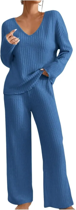 Pajama Sets for Women 2 Piece Outfits Rib Knit Sweater Long Sleeve Lounge Sets V Neck Pajamas Set Comfy Top and Pant