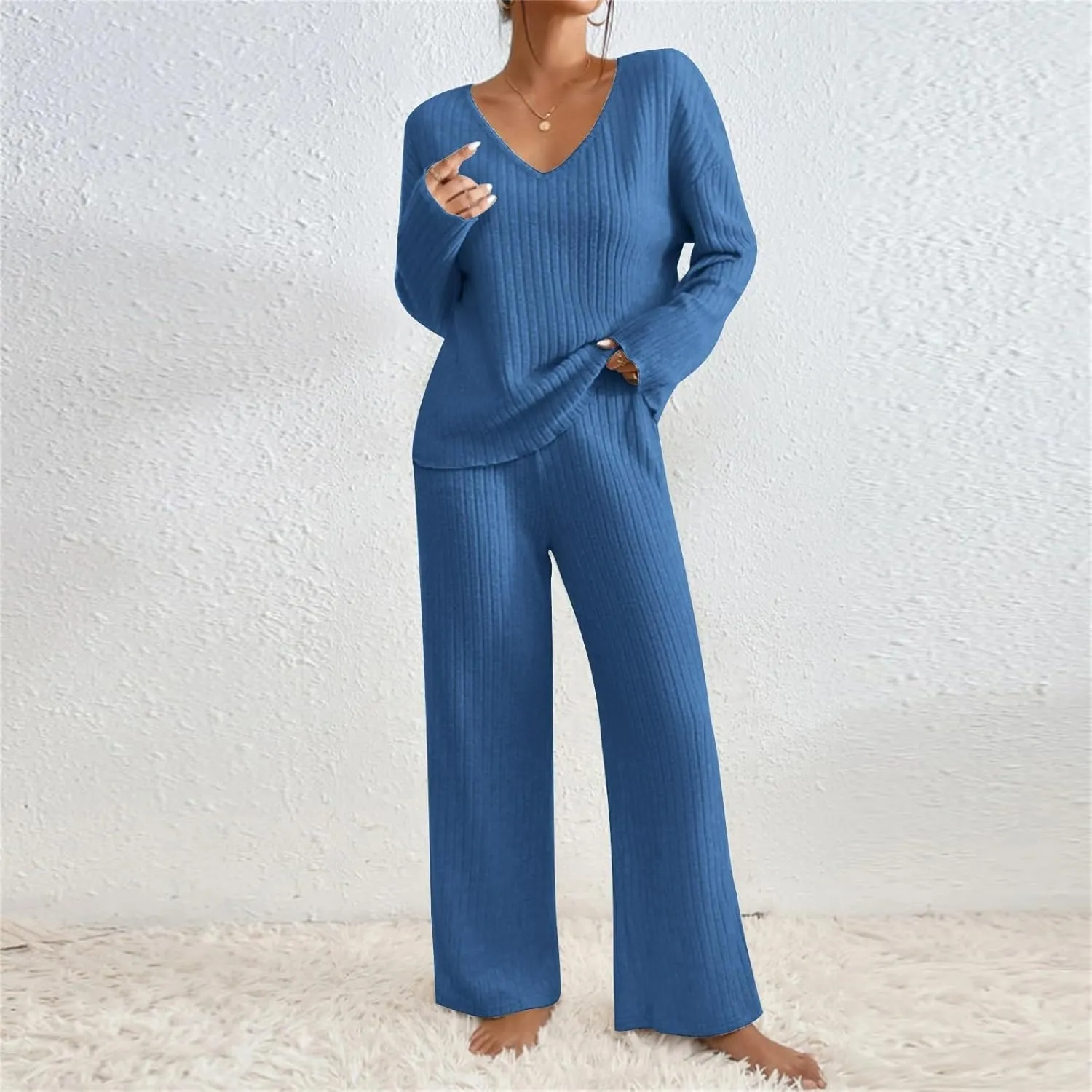 Pajama Sets for Women 2 Piece Outfits Rib Knit Sweater Long Sleeve Lounge Sets V Neck Pajamas Set Comfy Top and Pant