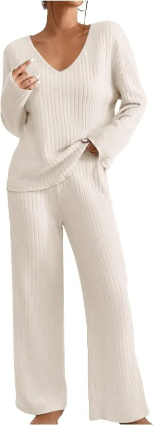 Pajama Sets for Women 2 Piece Outfits Rib Knit Sweater Long Sleeve Lounge Sets V Neck Pajamas Set Comfy Top and Pant