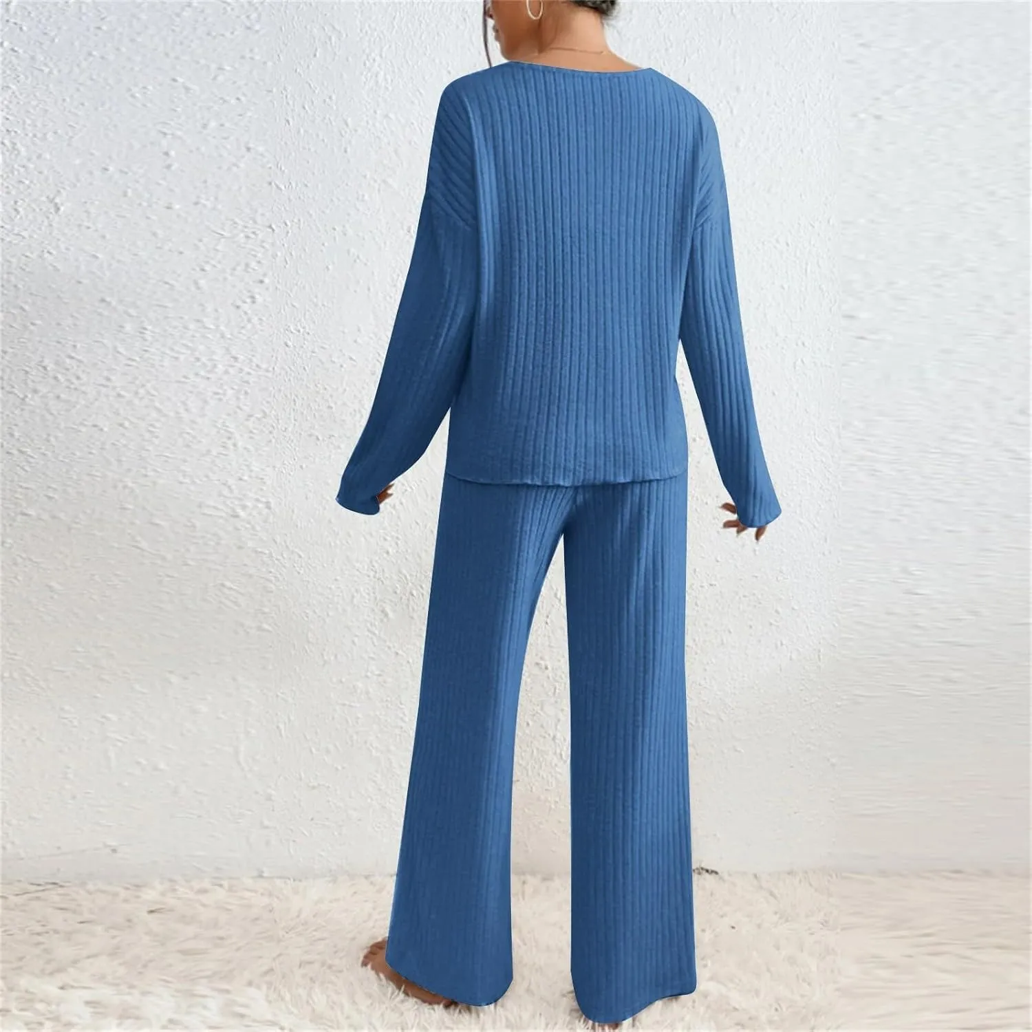 Pajama Sets for Women 2 Piece Outfits Rib Knit Sweater Long Sleeve Lounge Sets V Neck Pajamas Set Comfy Top and Pant