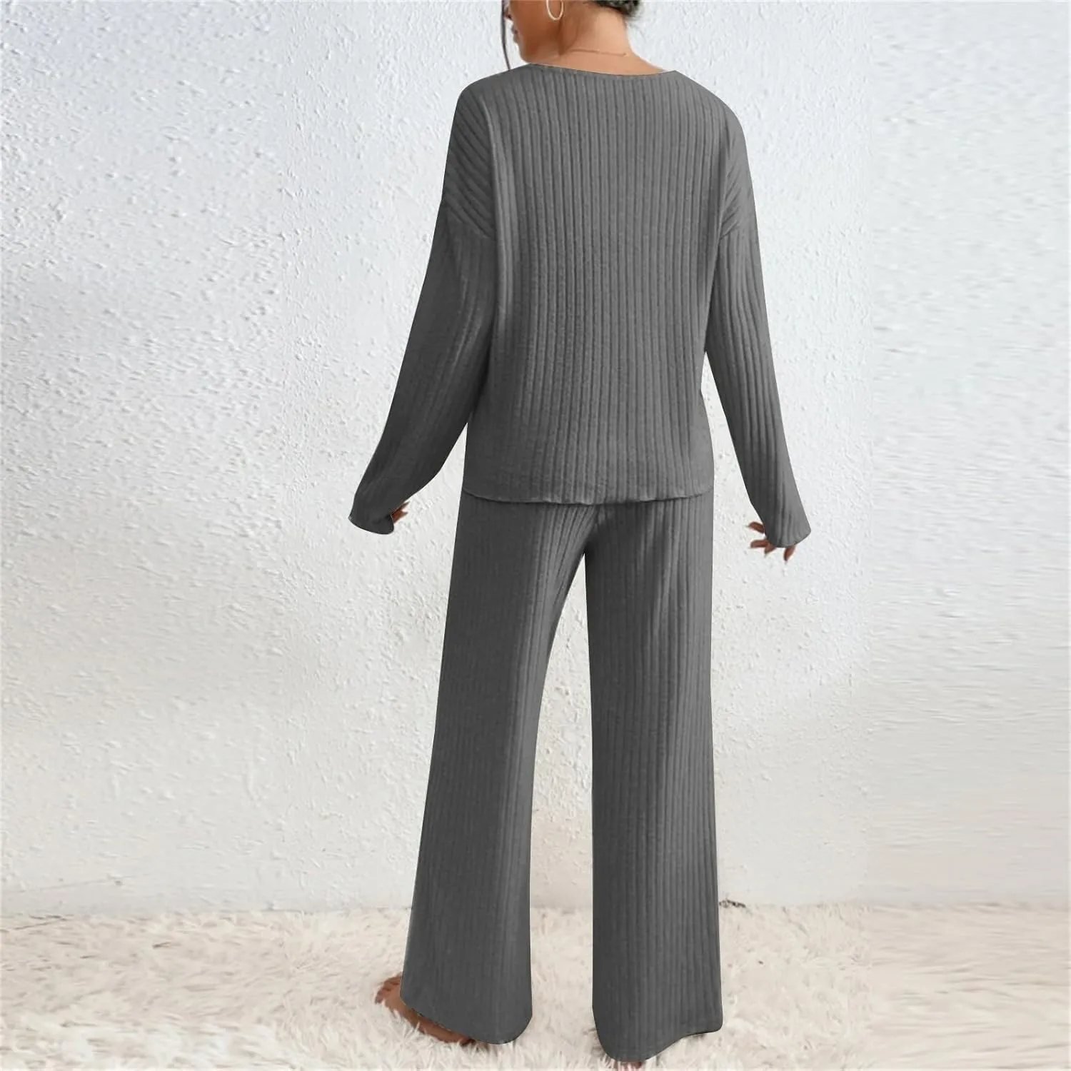 Pajama Sets for Women 2 Piece Outfits Rib Knit Sweater Long Sleeve Lounge Sets V Neck Pajamas Set Comfy Top and Pant