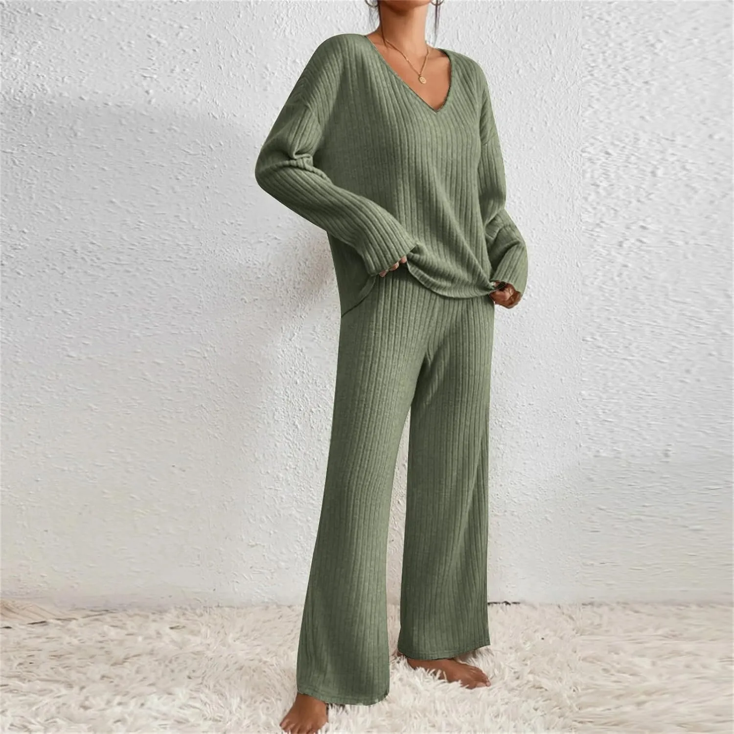 Pajama Sets for Women 2 Piece Outfits Rib Knit Sweater Long Sleeve Lounge Sets V Neck Pajamas Set Comfy Top and Pant
