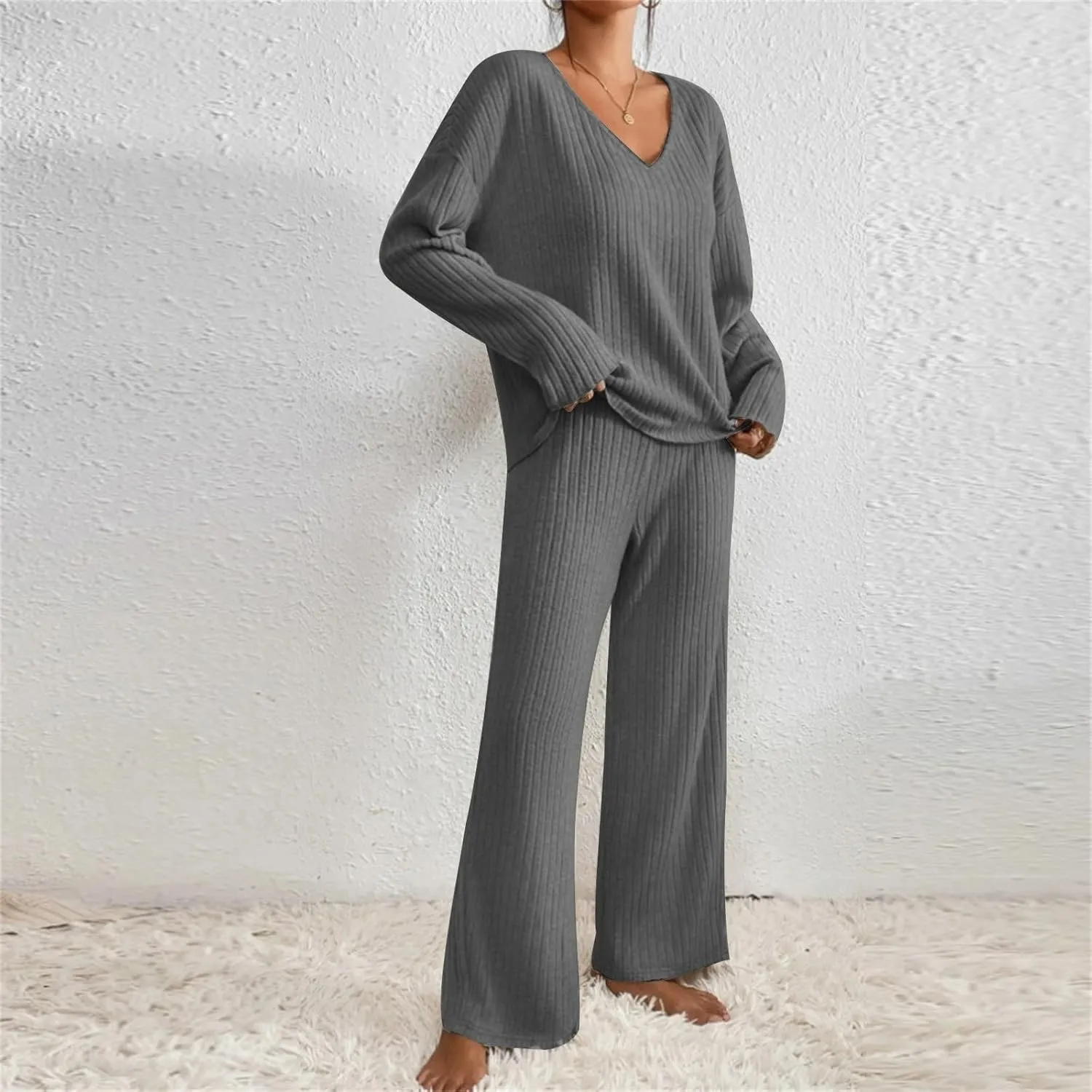 Pajama Sets for Women 2 Piece Outfits Rib Knit Sweater Long Sleeve Lounge Sets V Neck Pajamas Set Comfy Top and Pant