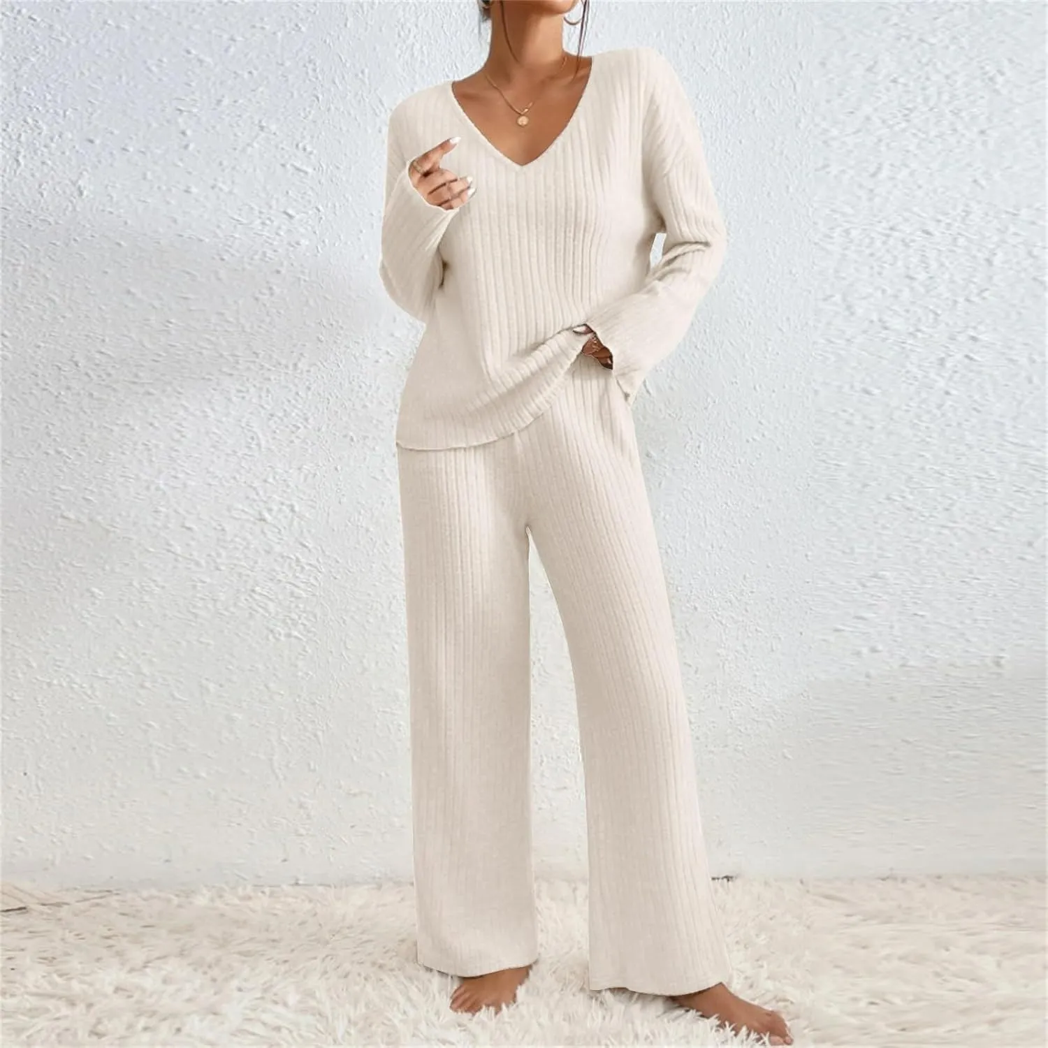 Pajama Sets for Women 2 Piece Outfits Rib Knit Sweater Long Sleeve Lounge Sets V Neck Pajamas Set Comfy Top and Pant