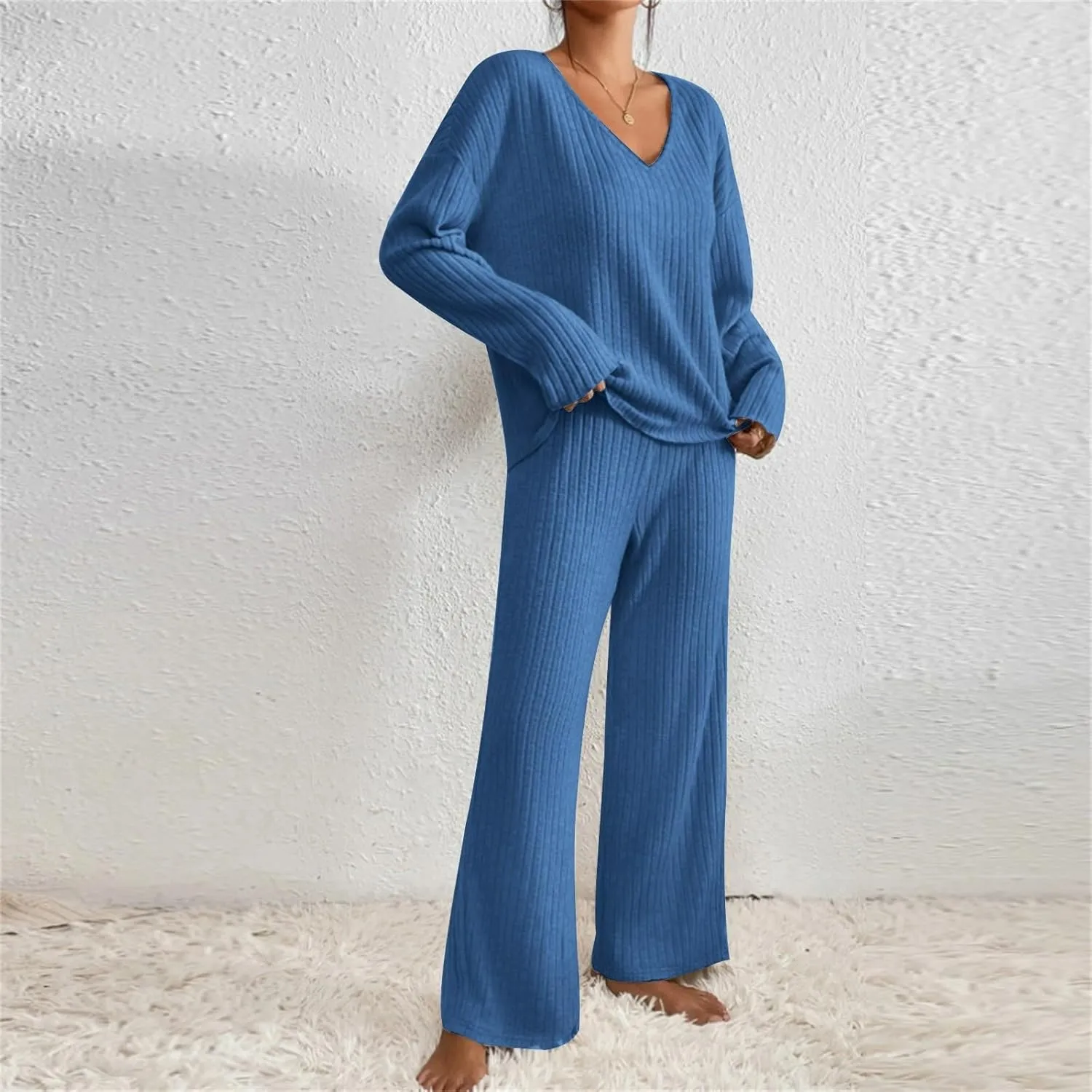 Pajama Sets for Women 2 Piece Outfits Rib Knit Sweater Long Sleeve Lounge Sets V Neck Pajamas Set Comfy Top and Pant