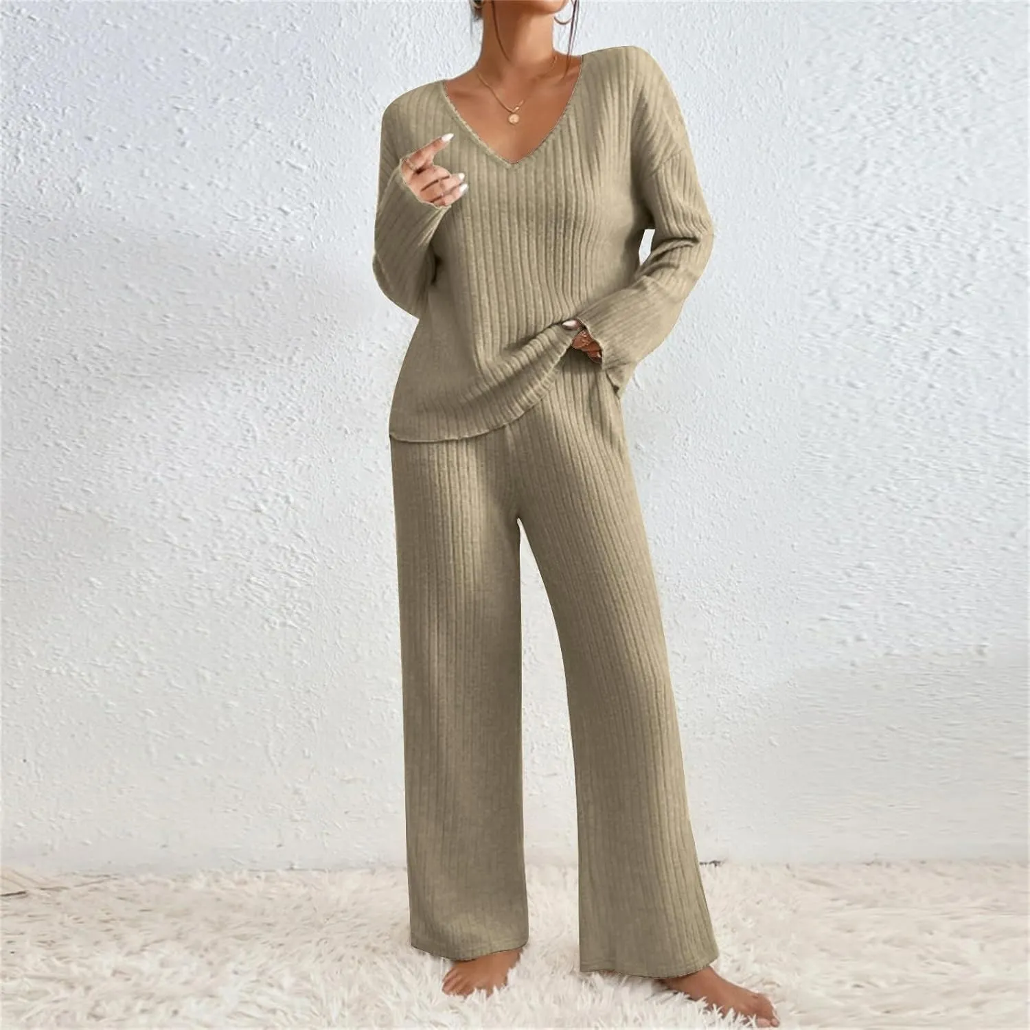 Pajama Sets for Women 2 Piece Outfits Rib Knit Sweater Long Sleeve Lounge Sets V Neck Pajamas Set Comfy Top and Pant