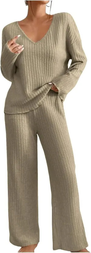 Pajama Sets for Women 2 Piece Outfits Rib Knit Sweater Long Sleeve Lounge Sets V Neck Pajamas Set Comfy Top and Pant