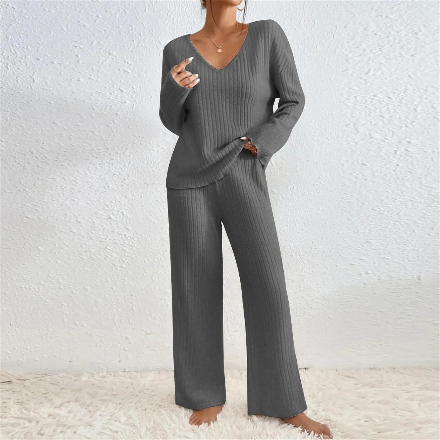 Pajama Sets for Women 2 Piece Outfits Rib Knit Sweater Long Sleeve Lounge Sets V Neck Pajamas Set Comfy Top and Pant