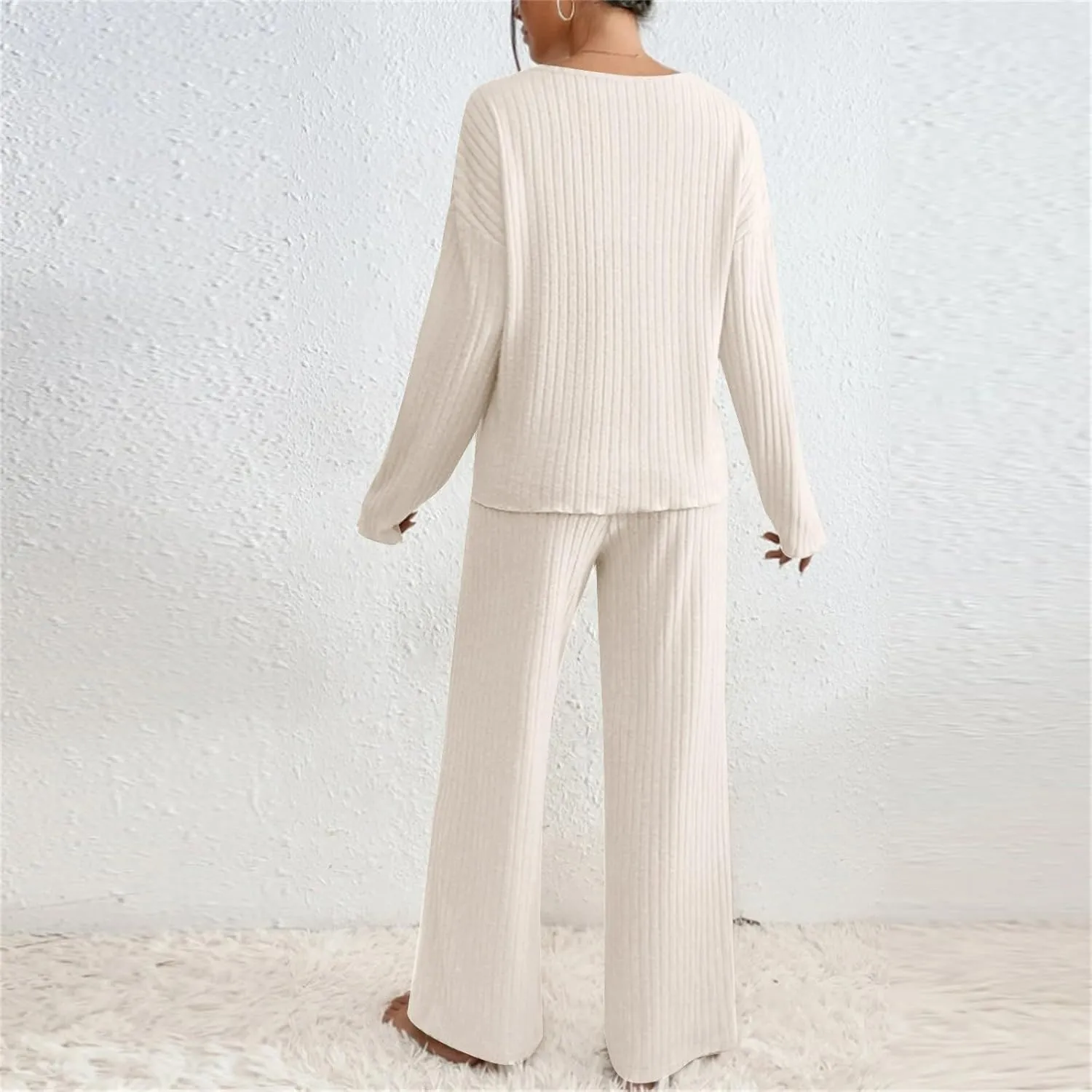 Pajama Sets for Women 2 Piece Outfits Rib Knit Sweater Long Sleeve Lounge Sets V Neck Pajamas Set Comfy Top and Pant