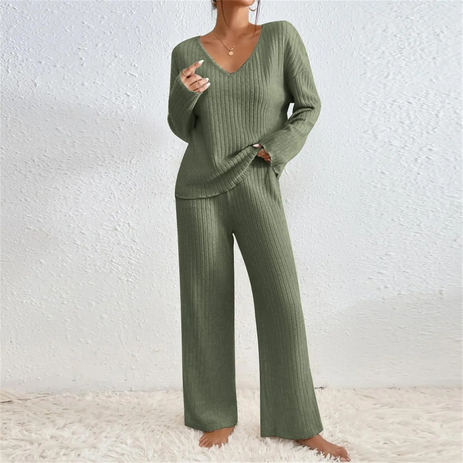 Pajama Sets for Women 2 Piece Outfits Rib Knit Sweater Long Sleeve Lounge Sets V Neck Pajamas Set Comfy Top and Pant