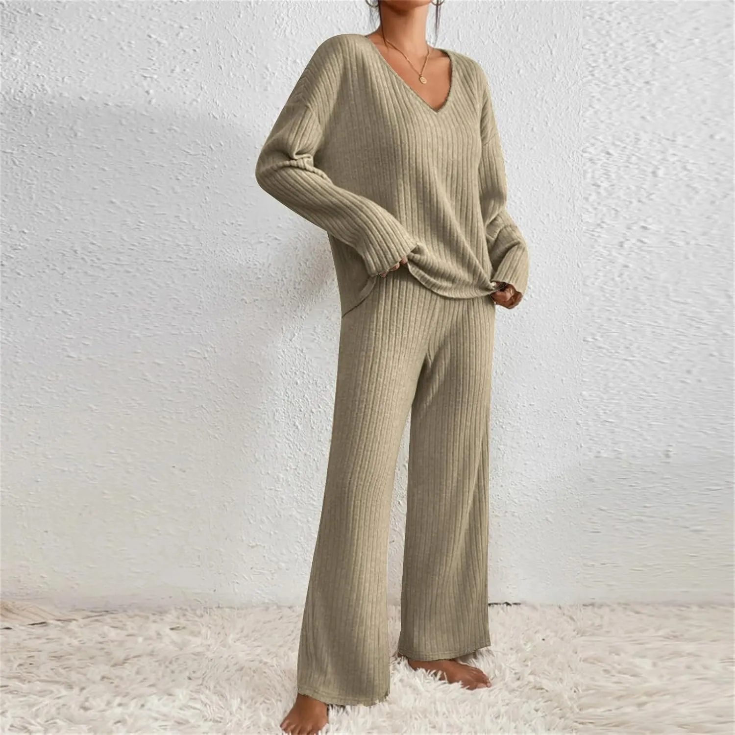 Pajama Sets for Women 2 Piece Outfits Rib Knit Sweater Long Sleeve Lounge Sets V Neck Pajamas Set Comfy Top and Pant