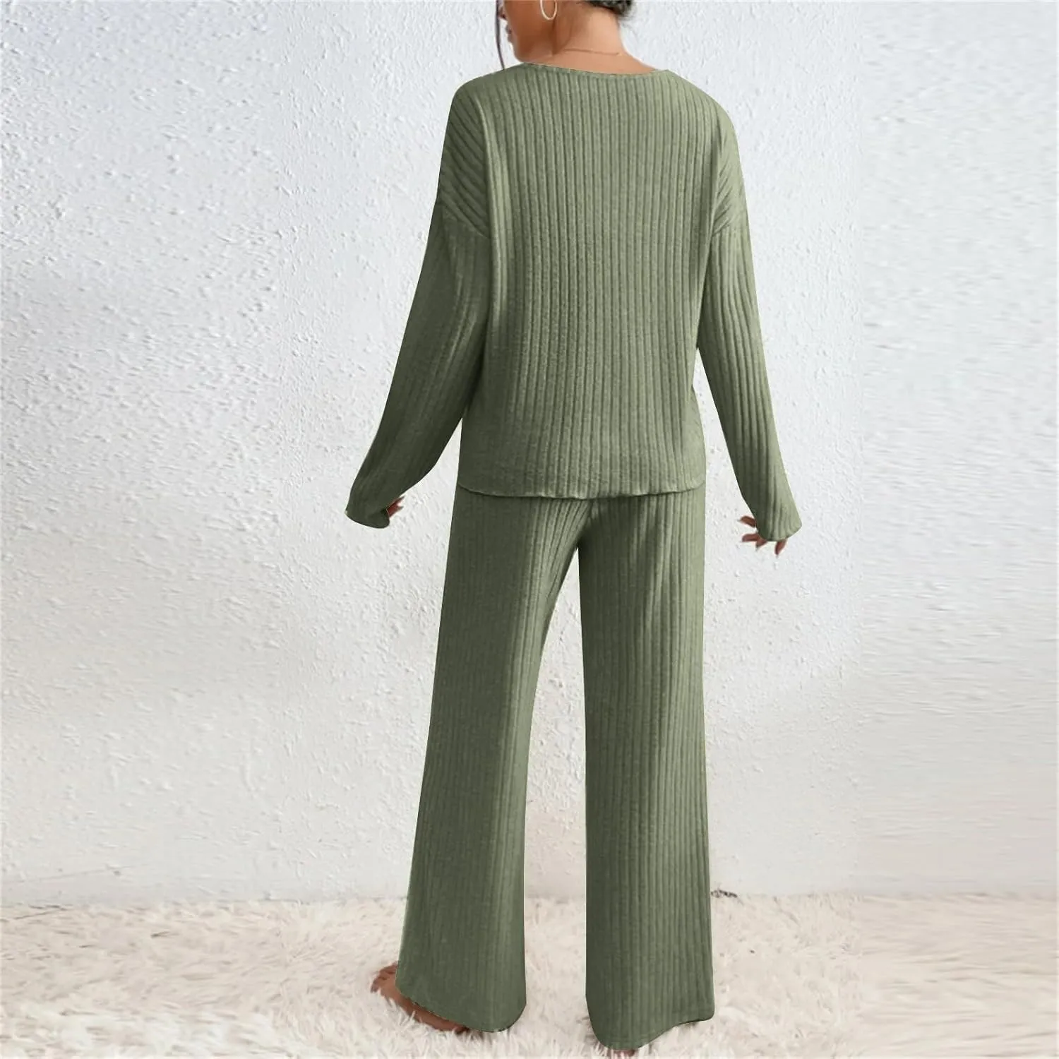 Pajama Sets for Women 2 Piece Outfits Rib Knit Sweater Long Sleeve Lounge Sets V Neck Pajamas Set Comfy Top and Pant