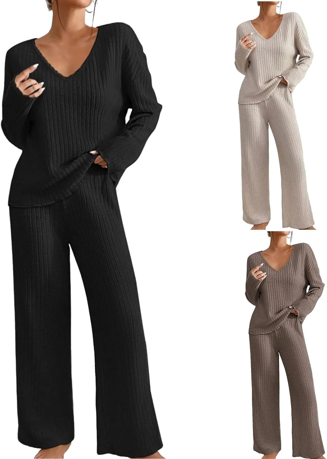 Pajama Sets for Women 2 Piece Outfits Rib Knit Sweater Long Sleeve Lounge Sets V Neck Pajamas Set Comfy Top and Pant