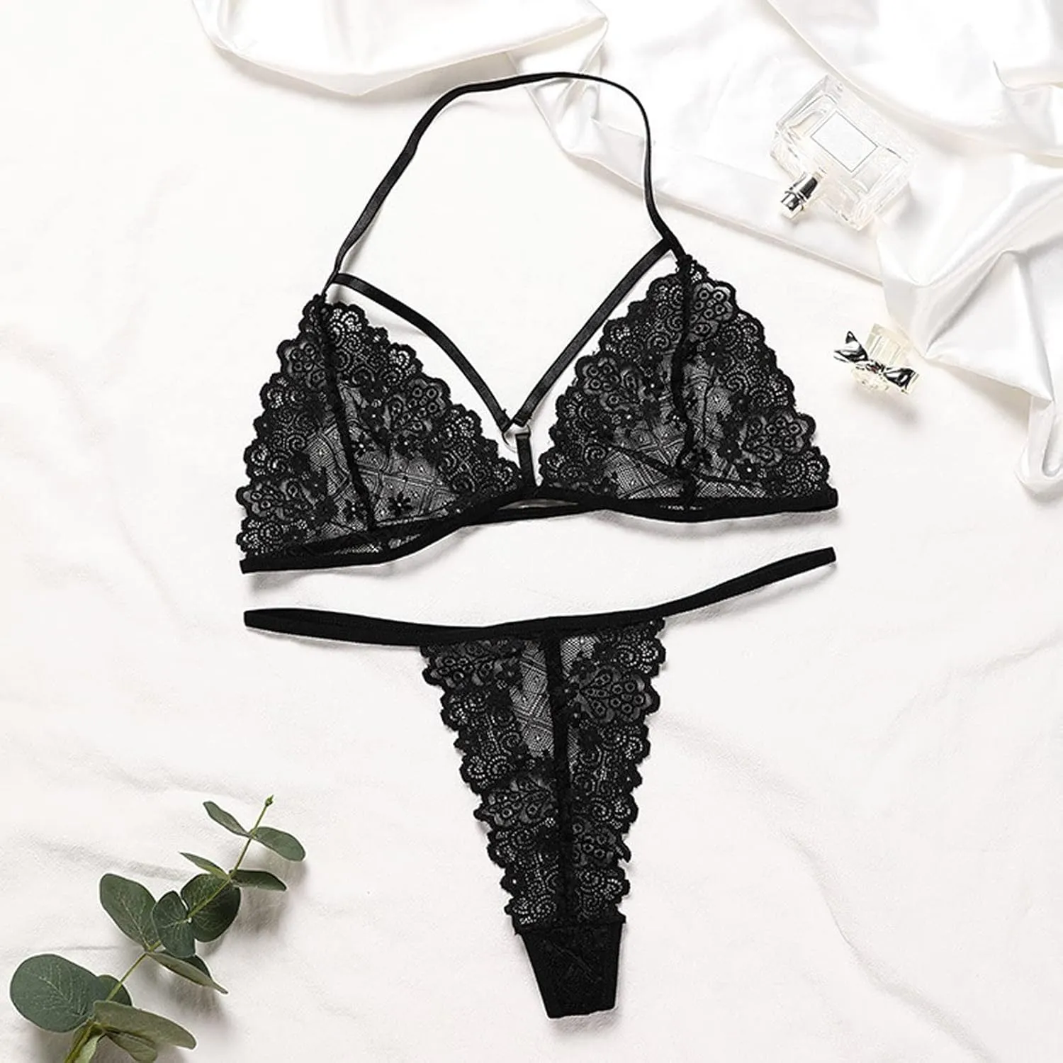 Plus Size Lingerie Set for Women Floral Lace Bra and Panty Sets Strappy Bralette Backless Babydoll Bodysuit