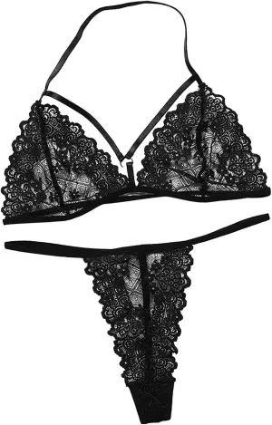 Plus Size Lingerie Set for Women Floral Lace Bra and Panty Sets Strappy Bralette Backless Babydoll Bodysuit