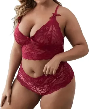 Plus Size Lingerie Set for Women Sexy Lace Halter Bralette High Waist Panty Set Lingerie Bra and Panty Set Bodysuit
