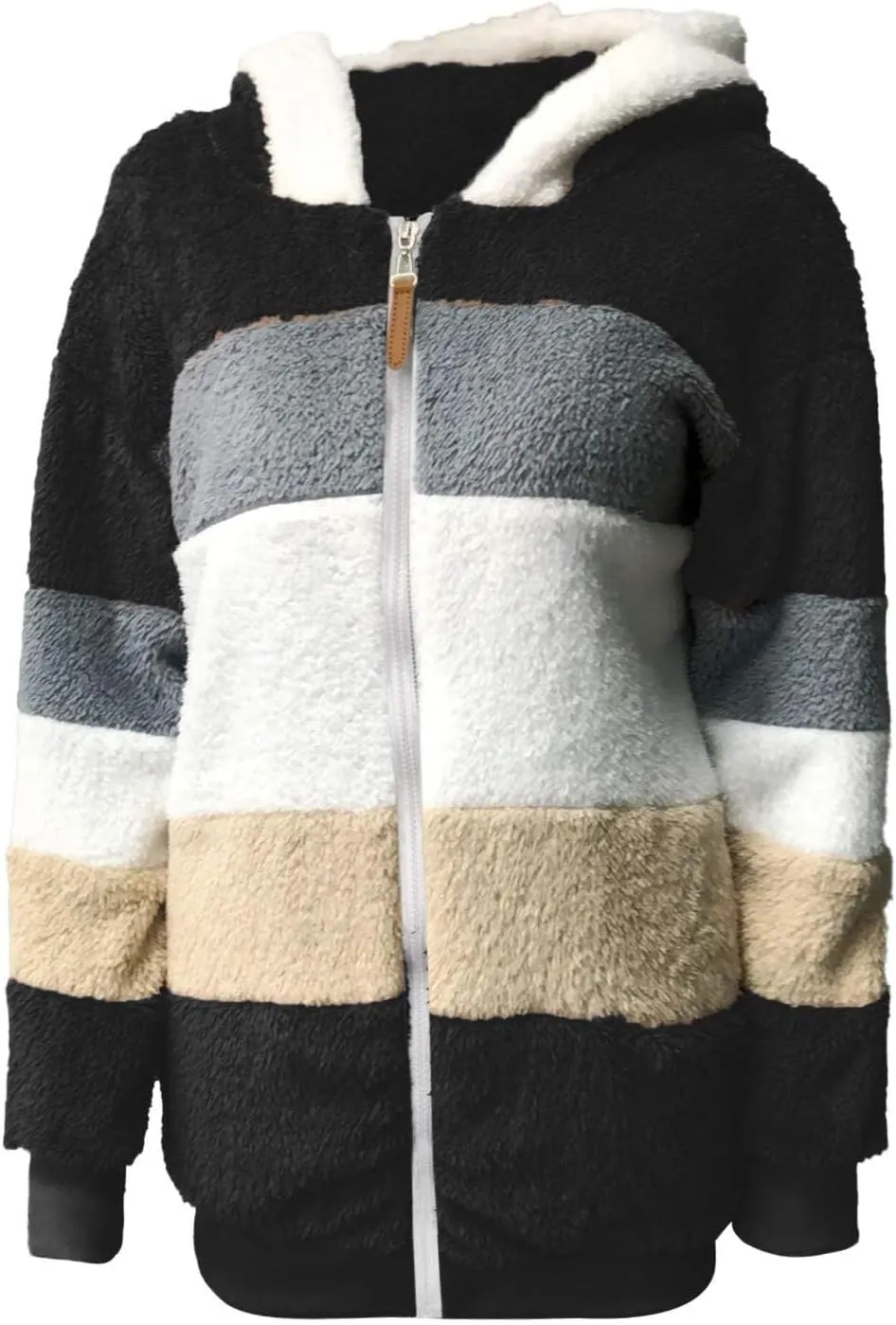 Plus Size Winter Coats for Women Fuzzy Fleece Sherpa Hooded Jacket with Pocket Colorblock Zip Up Coat Winter Warm Top