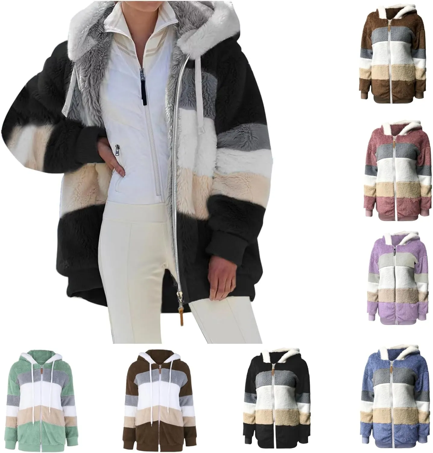Plus Size Winter Coats for Women Fuzzy Fleece Sherpa Hooded Jacket with Pocket Colorblock Zip Up Coat Winter Warm Top