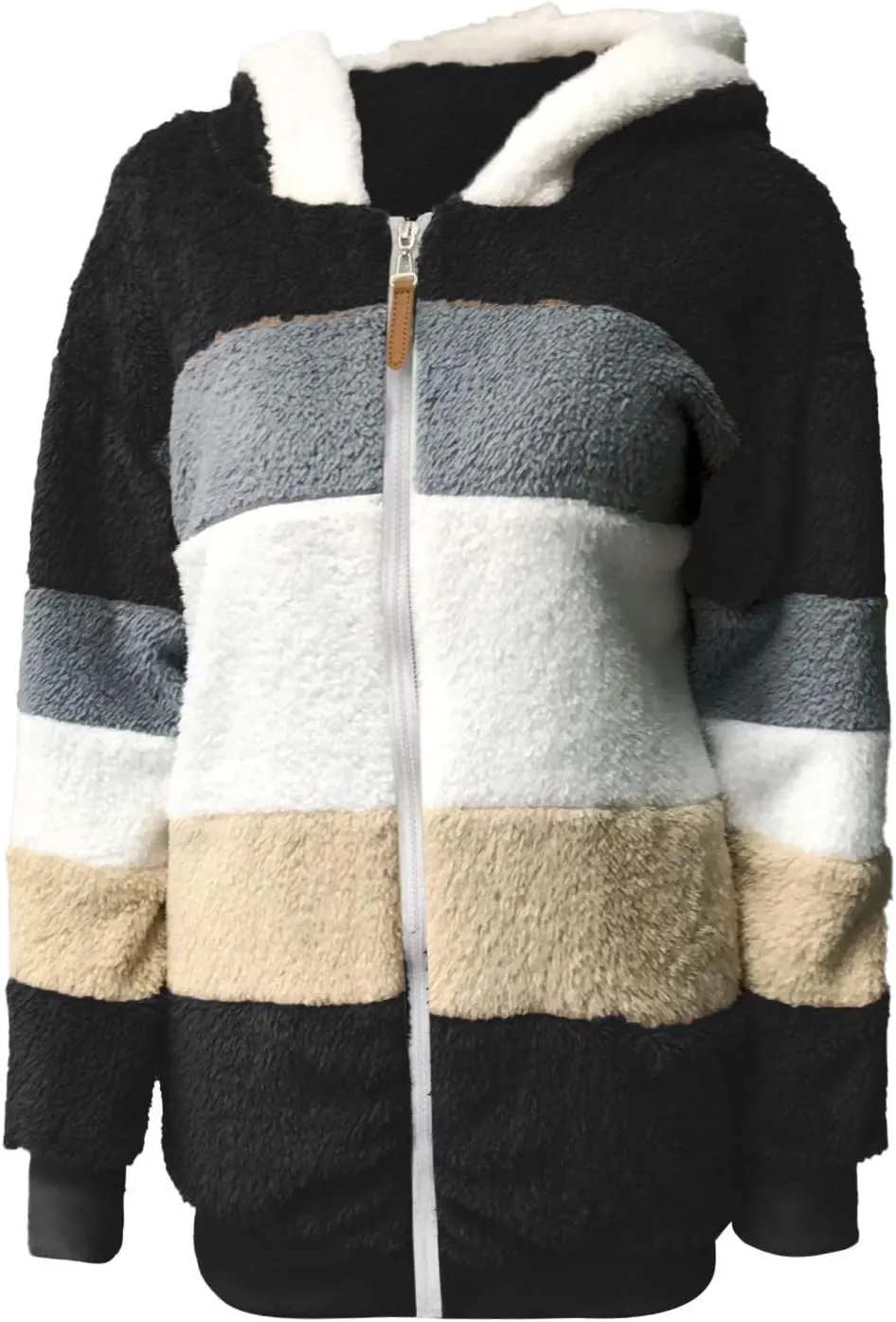 Plus Size Winter Coats for Women Fuzzy Fleece Sherpa Hooded Jacket with Pocket Colorblock Zip Up Coat Winter Warm Top