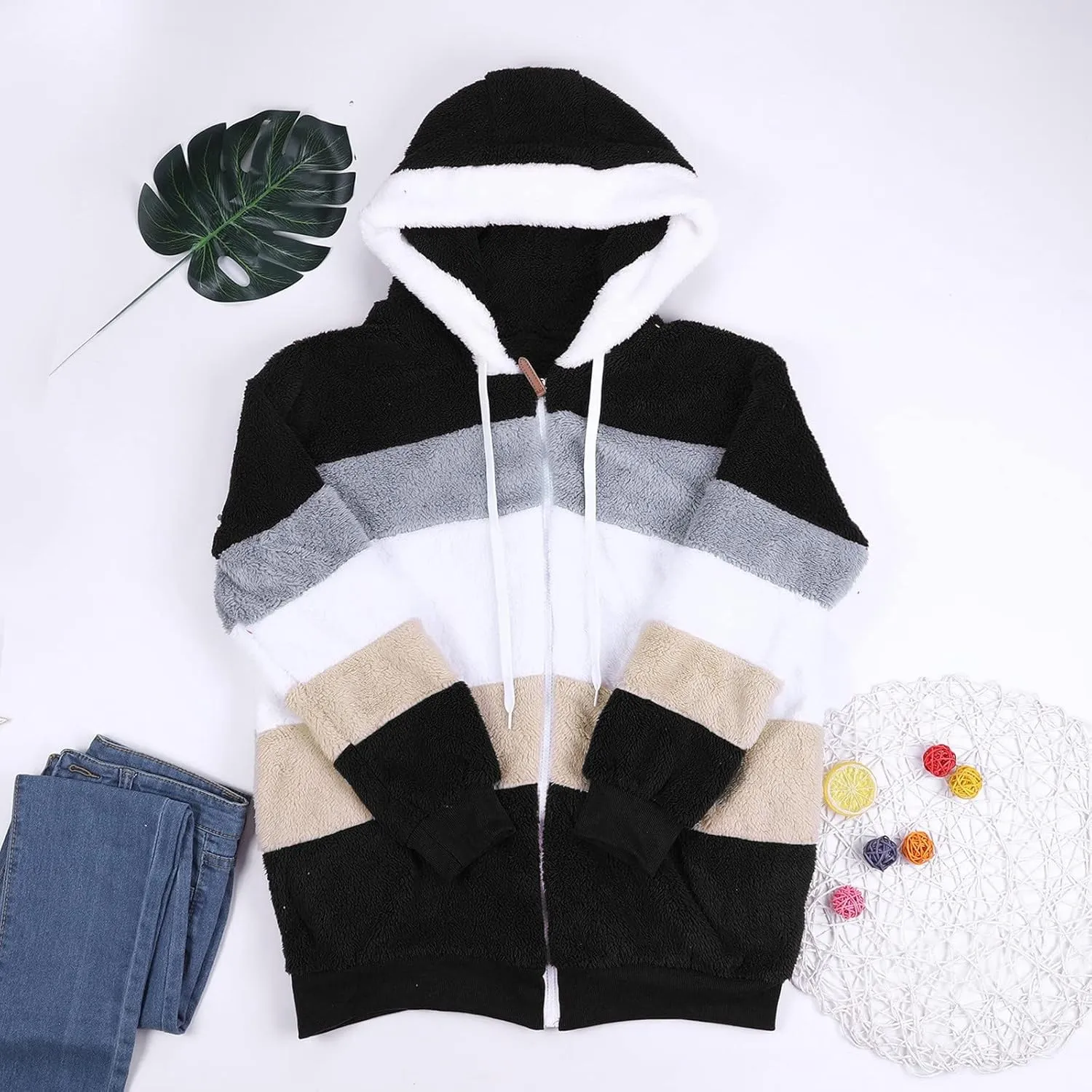 Plus Size Winter Coats for Women Fuzzy Fleece Sherpa Hooded Jacket with Pocket Colorblock Zip Up Coat Winter Warm Top