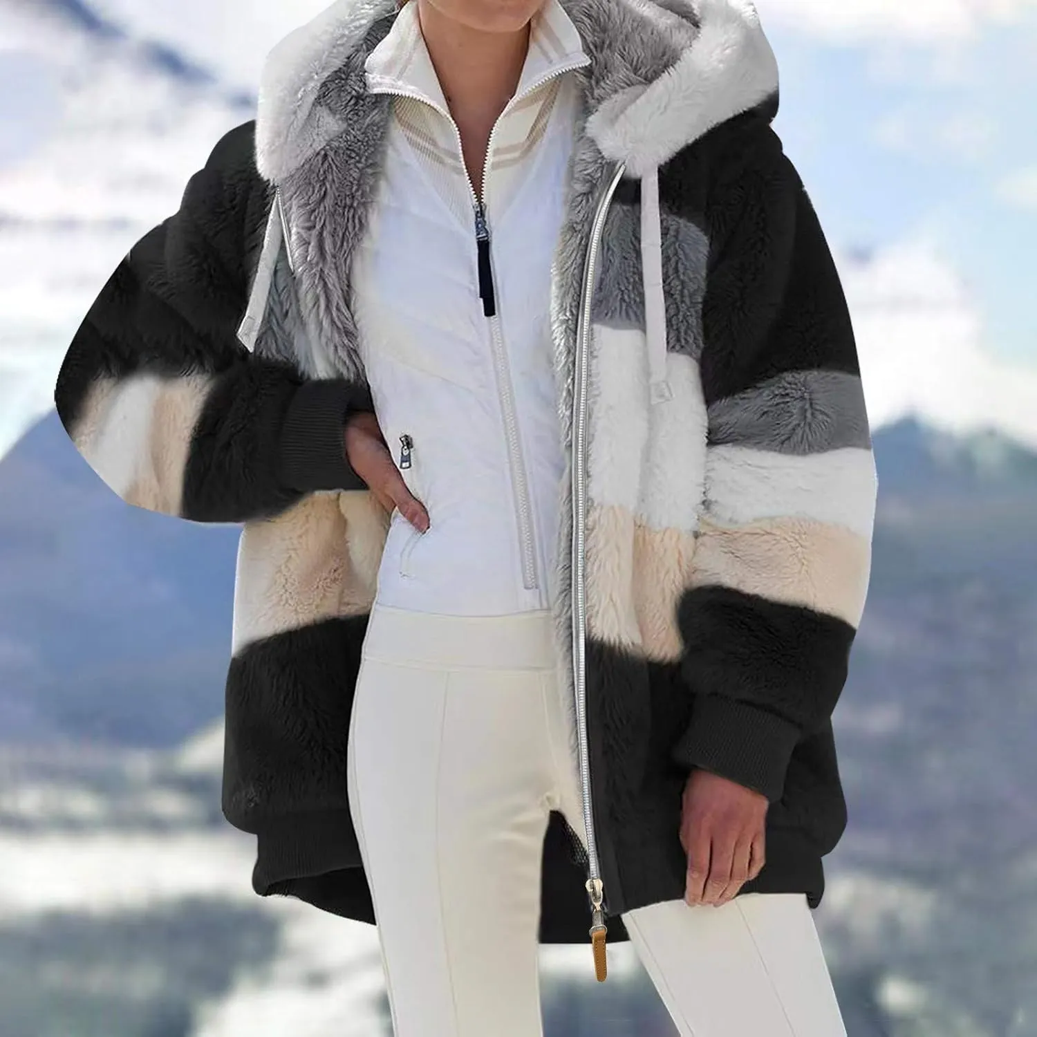 Plus Size Winter Coats for Women Fuzzy Fleece Sherpa Hooded Jacket with Pocket Colorblock Zip Up Coat Winter Warm Top