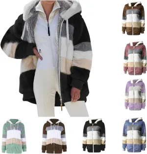 Plus Size Winter Coats for Women Fuzzy Fleece Sherpa Hooded Jacket with Pocket Colorblock Zip Up Coat Winter Warm Top