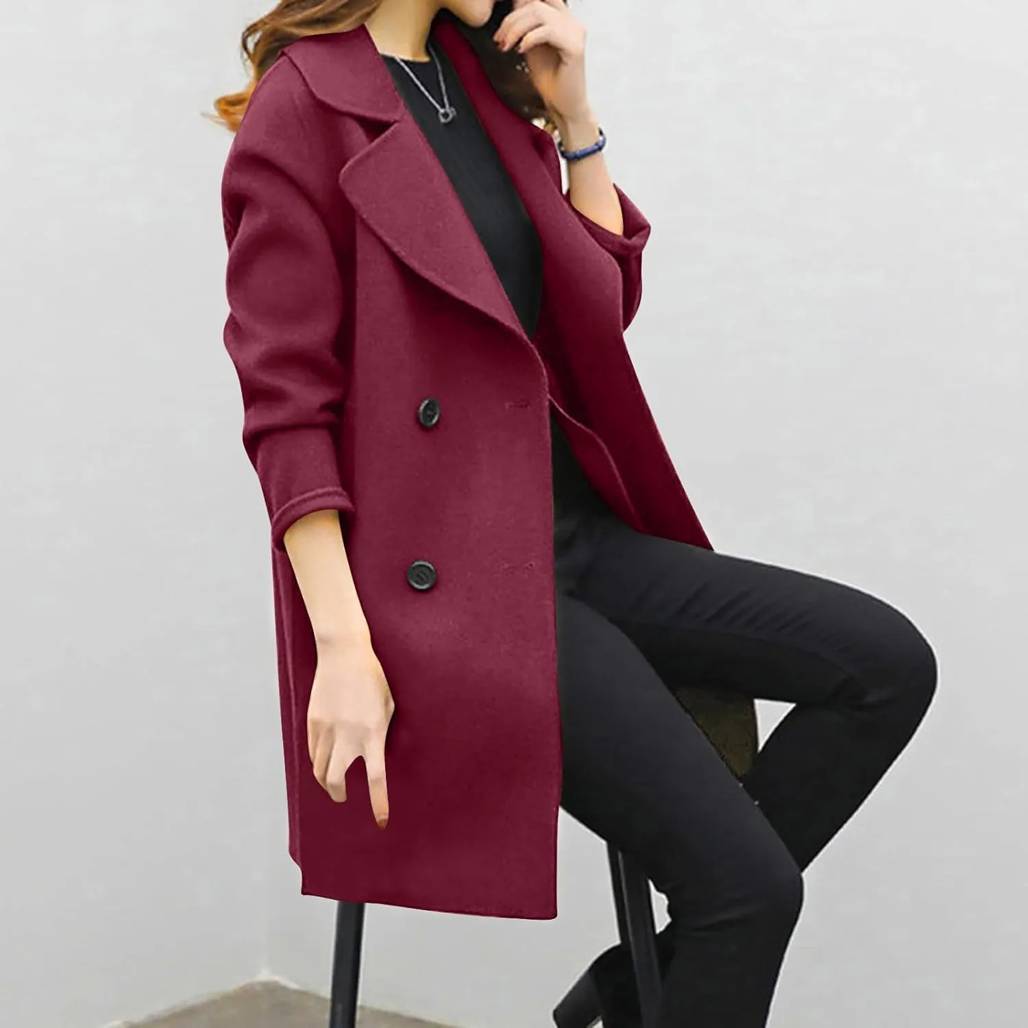 Plus Size Womens Coats Trendy Casual Wool Blend Double Breasted Mid-Long Coat Fashion Solid Notch Lapel Long Sleeve Overcoat