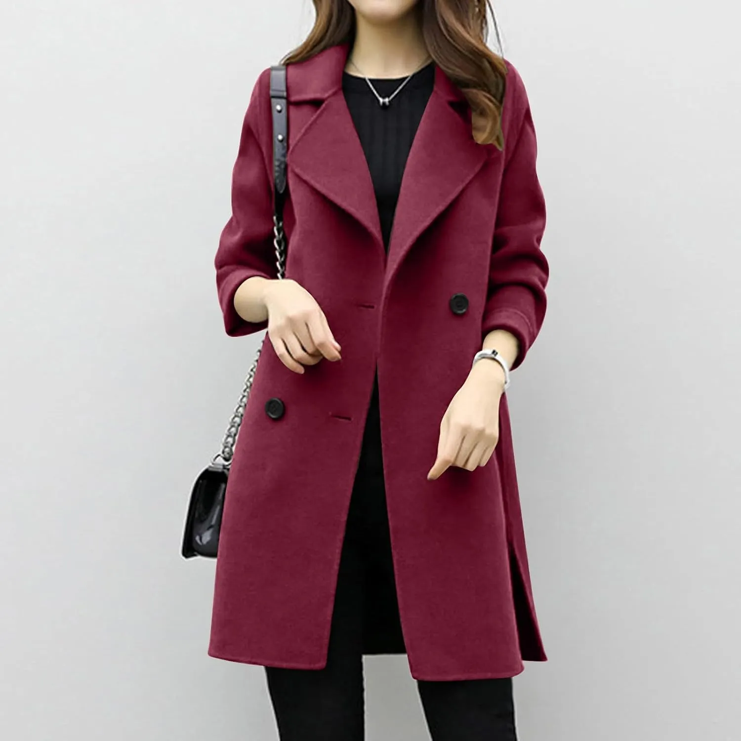 Plus Size Womens Coats Trendy Casual Wool Blend Double Breasted Mid-Long Coat Fashion Solid Notch Lapel Long Sleeve Overcoat