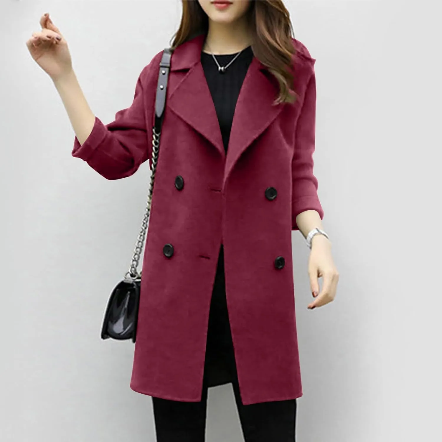 Plus Size Womens Coats Trendy Casual Wool Blend Double Breasted Mid-Long Coat Fashion Solid Notch Lapel Long Sleeve Overcoat