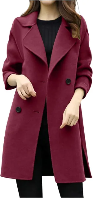 Plus Size Womens Coats Trendy Casual Wool Blend Double Breasted Mid-Long Coat Fashion Solid Notch Lapel Long Sleeve Overcoat