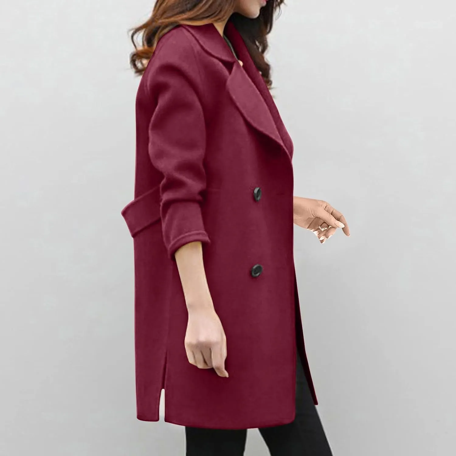 Plus Size Womens Coats Trendy Casual Wool Blend Double Breasted Mid-Long Coat Fashion Solid Notch Lapel Long Sleeve Overcoat