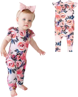 Posh Peanut Baby Girl Pajamas – Ruffled Cap Sleeve Romper PJs – Soft Viscose from Bamboo One-Piece for Babies & Toddlers