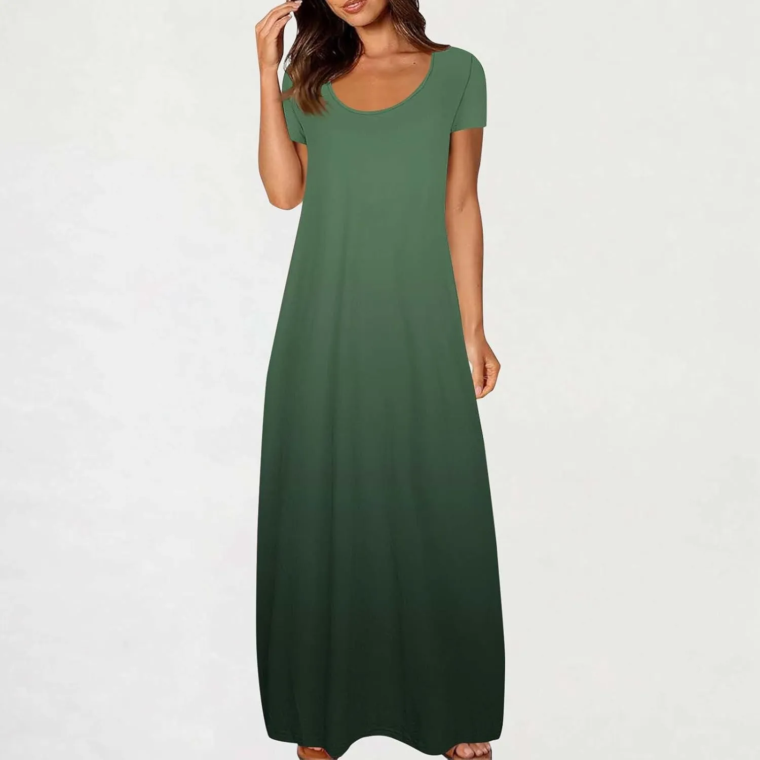 QIGUAND Women Gradient Scoop Neck Maxi Dress Summer Soft Comfy Short Sleeve T-Shirt Dresses Plus Size Casual Baggy Dress