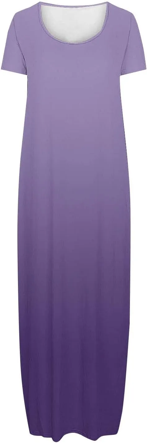 QIGUAND Women Gradient Scoop Neck Maxi Dress Summer Soft Comfy Short Sleeve T-Shirt Dresses Plus Size Casual Baggy Dress