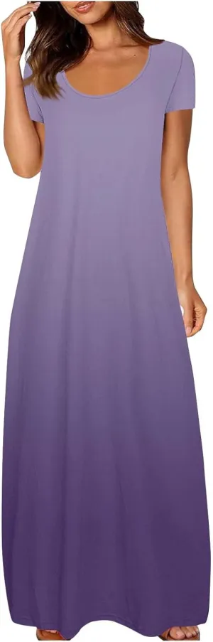 QIGUAND Women Gradient Scoop Neck Maxi Dress Summer Soft Comfy Short Sleeve T-Shirt Dresses Plus Size Casual Baggy Dress