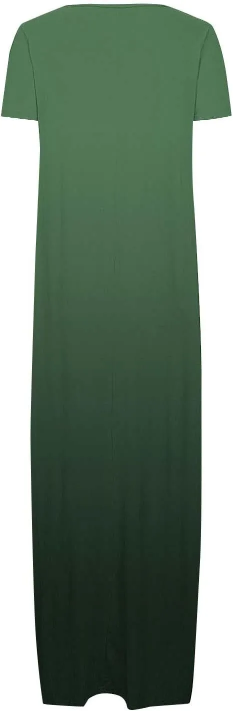 QIGUAND Women Gradient Scoop Neck Maxi Dress Summer Soft Comfy Short Sleeve T-Shirt Dresses Plus Size Casual Baggy Dress
