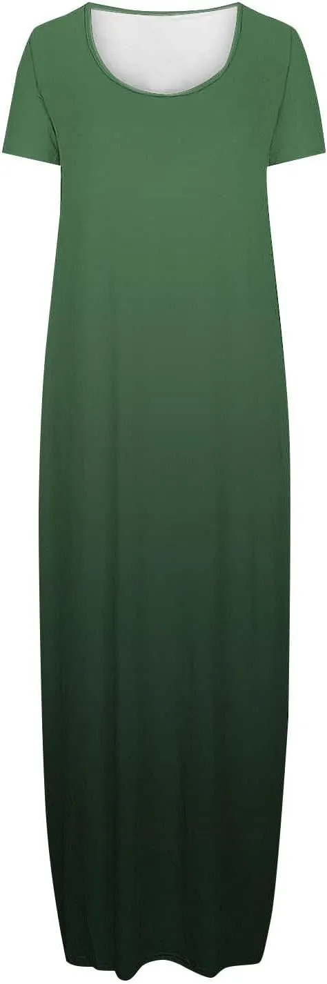 QIGUAND Women Gradient Scoop Neck Maxi Dress Summer Soft Comfy Short Sleeve T-Shirt Dresses Plus Size Casual Baggy Dress
