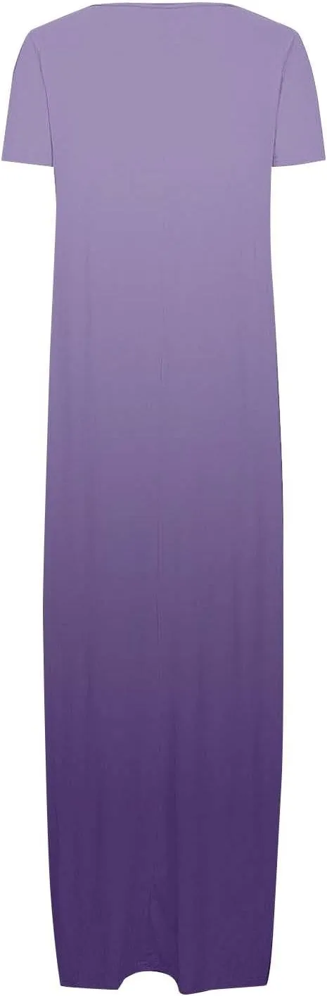 QIGUAND Women Gradient Scoop Neck Maxi Dress Summer Soft Comfy Short Sleeve T-Shirt Dresses Plus Size Casual Baggy Dress