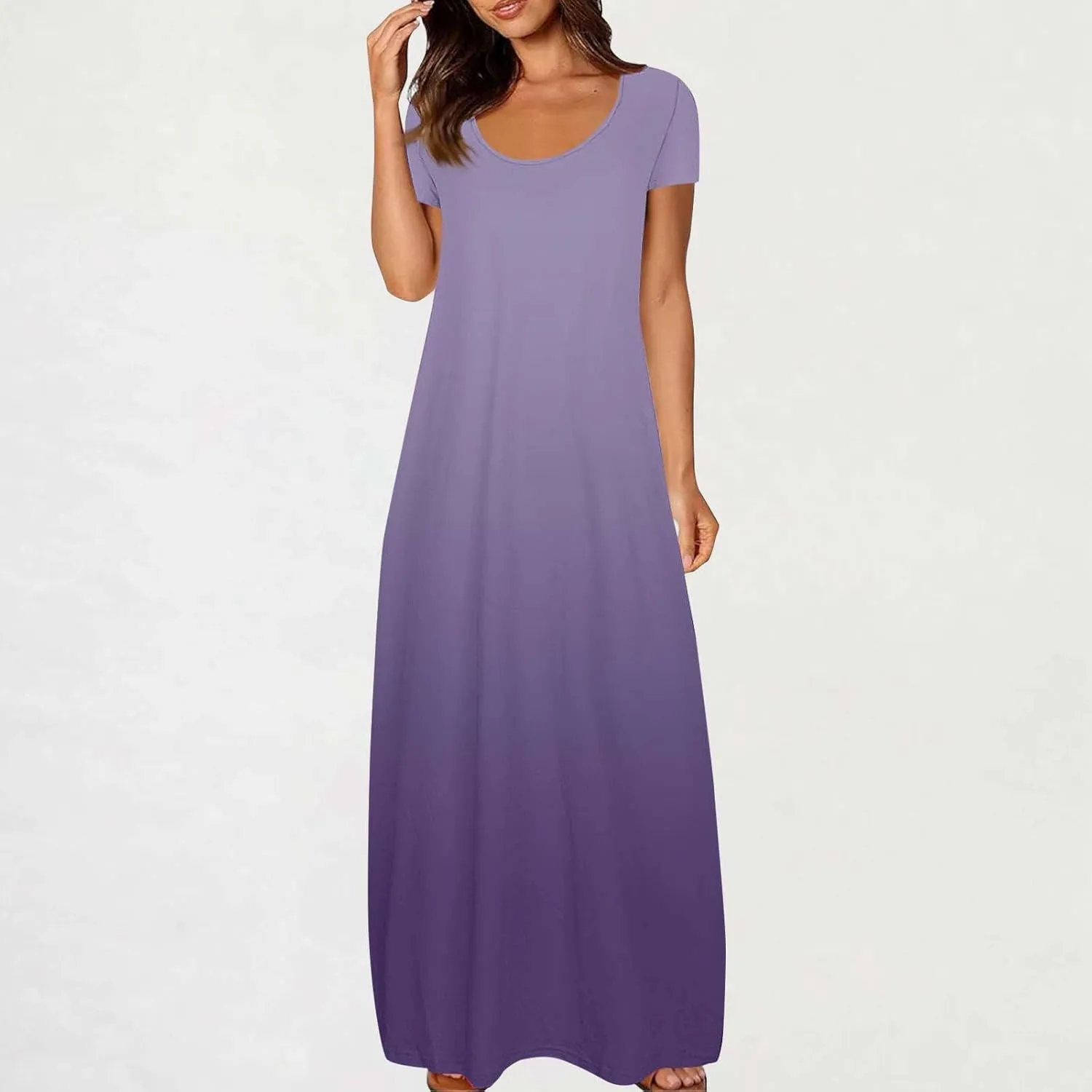 QIGUAND Women Gradient Scoop Neck Maxi Dress Summer Soft Comfy Short Sleeve T-Shirt Dresses Plus Size Casual Baggy Dress