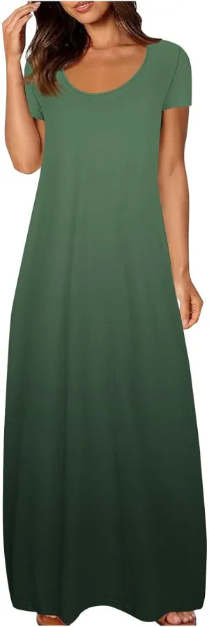QIGUAND Women Gradient Scoop Neck Maxi Dress Summer Soft Comfy Short Sleeve T-Shirt Dresses Plus Size Casual Baggy Dress