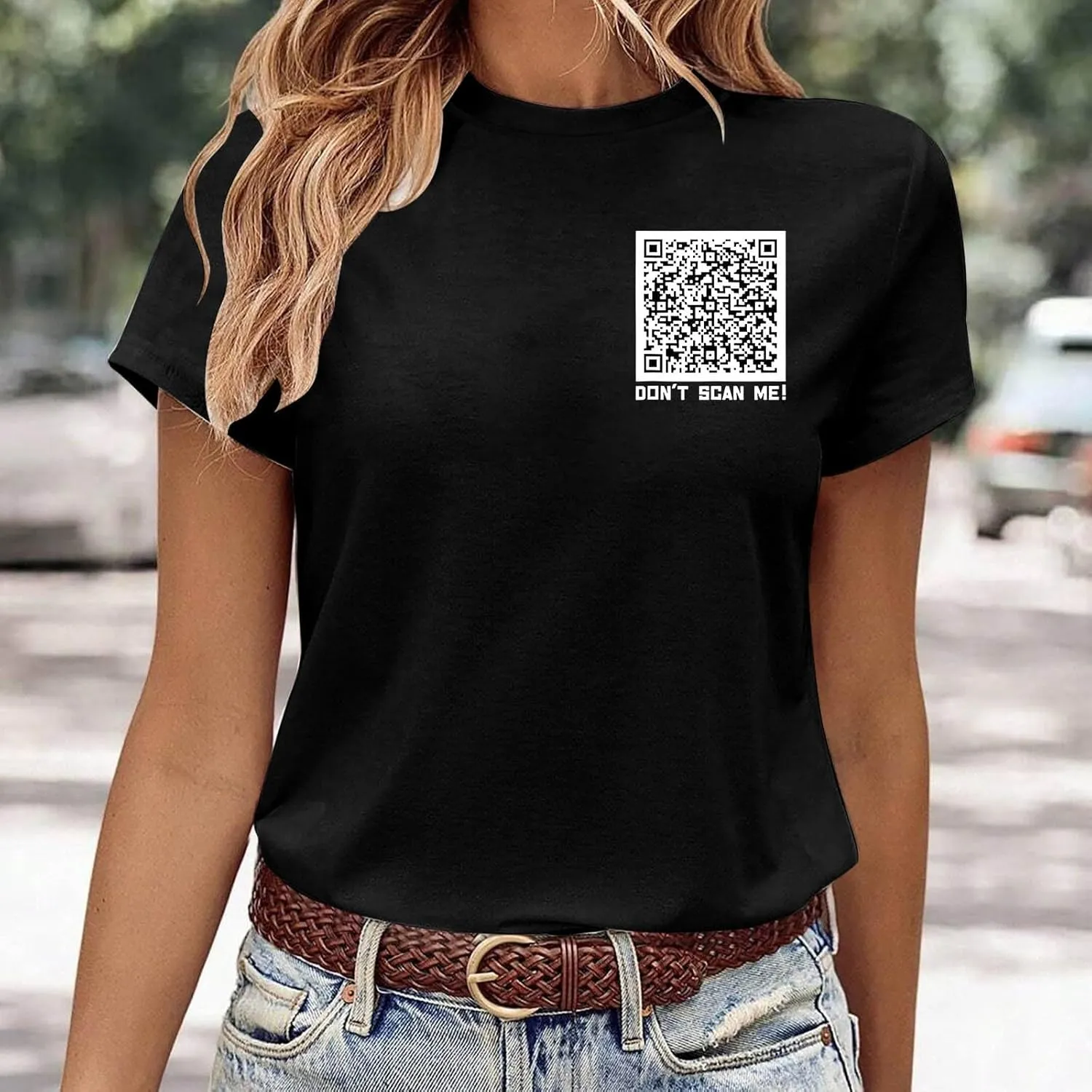QR Code Shirts for Women Oversized Casual Crewneck Shorts Sleeve Pullover Tops Scan for A Fun Message T-Shirt