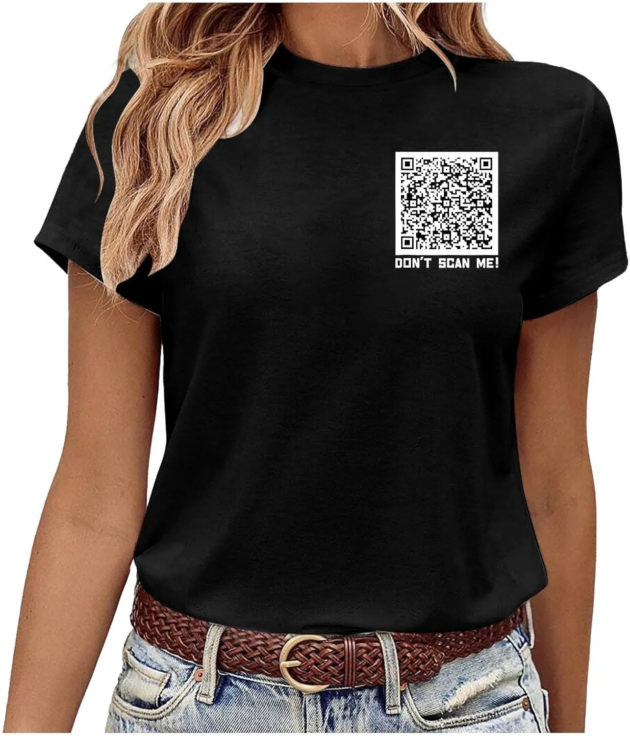 QR Code Shirts for Women Oversized Casual Crewneck Shorts Sleeve Pullover Tops Scan for A Fun Message T-Shirt