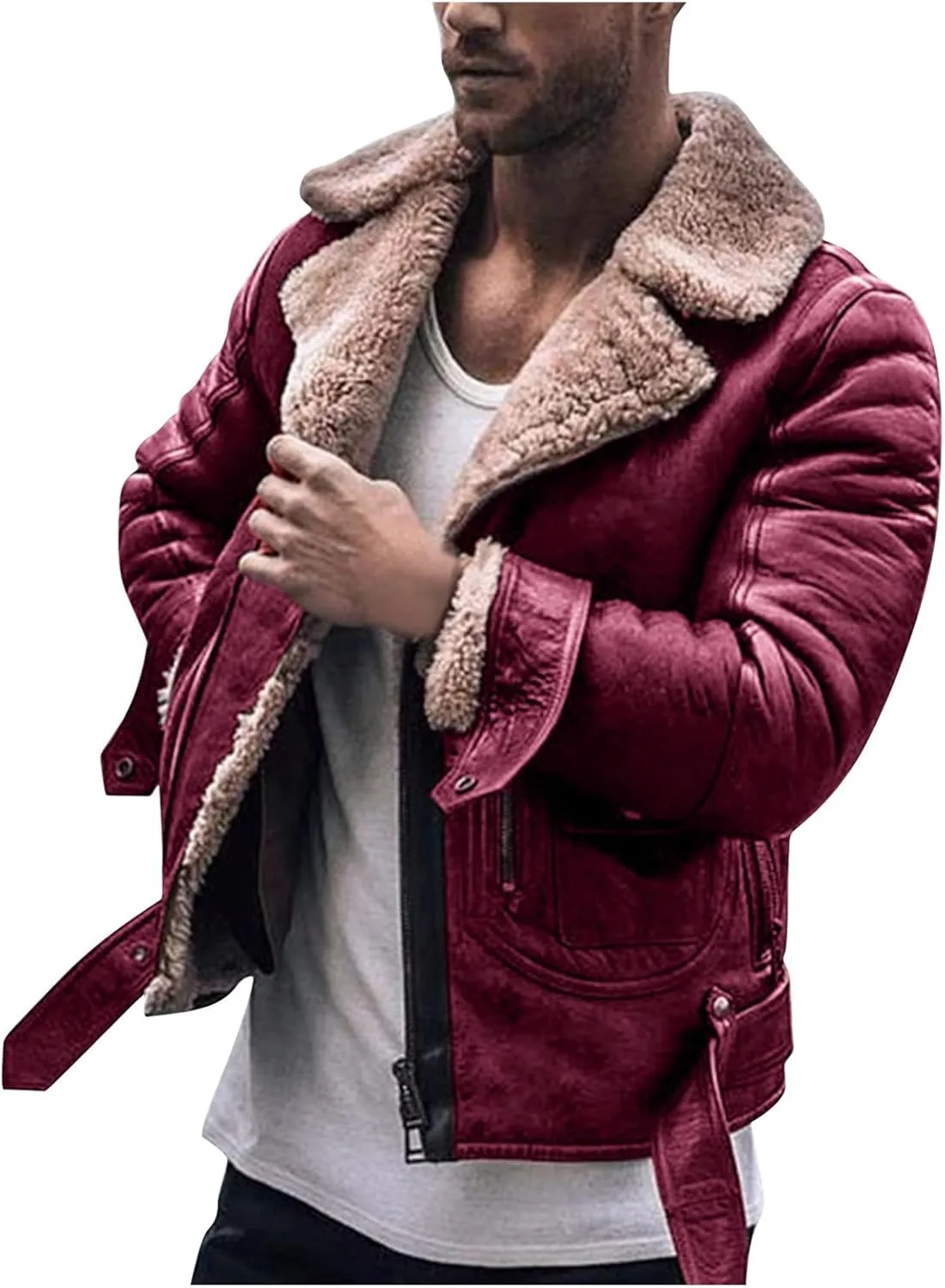 QWENTMTNTY Mens Faux Leather Sherpa Bomber Jackets Slim Fit Winter Fashion Lamskin Fleece Lined Lapel Motorcycle Jacket Outerwear Coat
