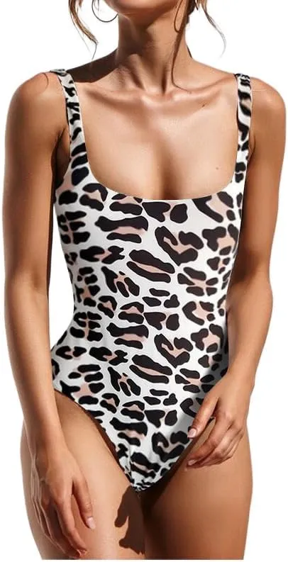 RanRui Leopard Backless Scoop Neck High Cut One-Piece Swimsuit for Women  Tummy Control, Sexy High-Cut Bathing Suit