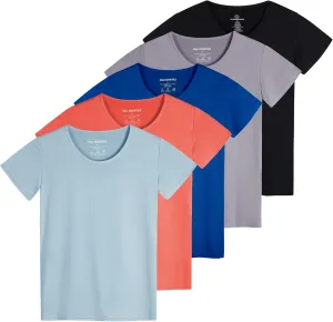 Real Essentials 5 Pack: Women's Dry Fit Tech Stretch Short-Sleeve Crew Neck Athletic T-Shirt (Available in Plus Size)